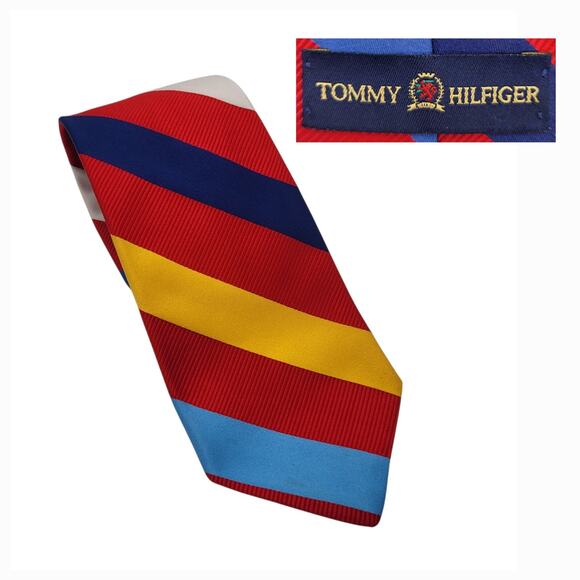 VTG Tommy Hilfiger Silk Repp Tie 59” Red Multi Stripe Preppy Ivy League USA Club - Picture 1 of 12